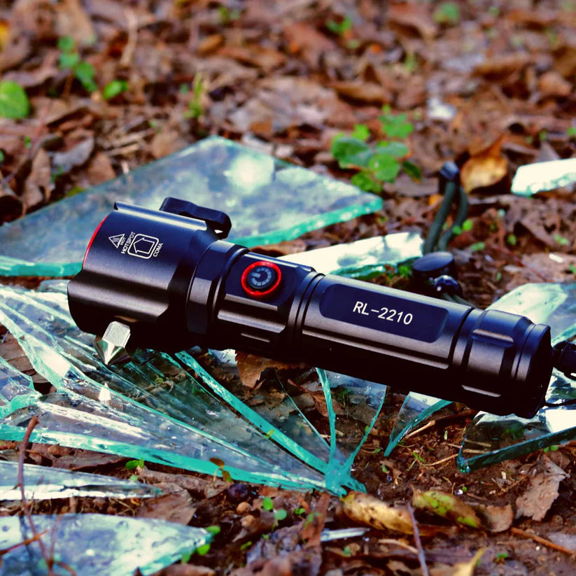 5 in 1 Tactical Survival Torch – 1km Range LED Flashlight with Safety Hammer & Cutter