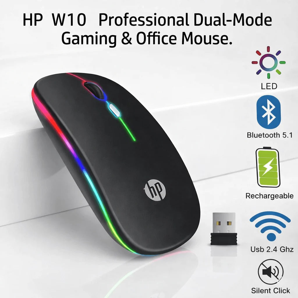 HP W10 Wireless Mouse - BT 5.0 & 2.4GHz RGB Rechargeable